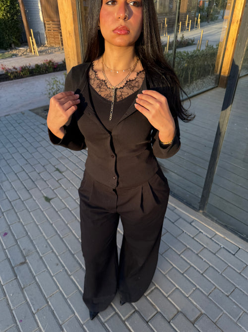 Black lace trimmed combination jacket and top