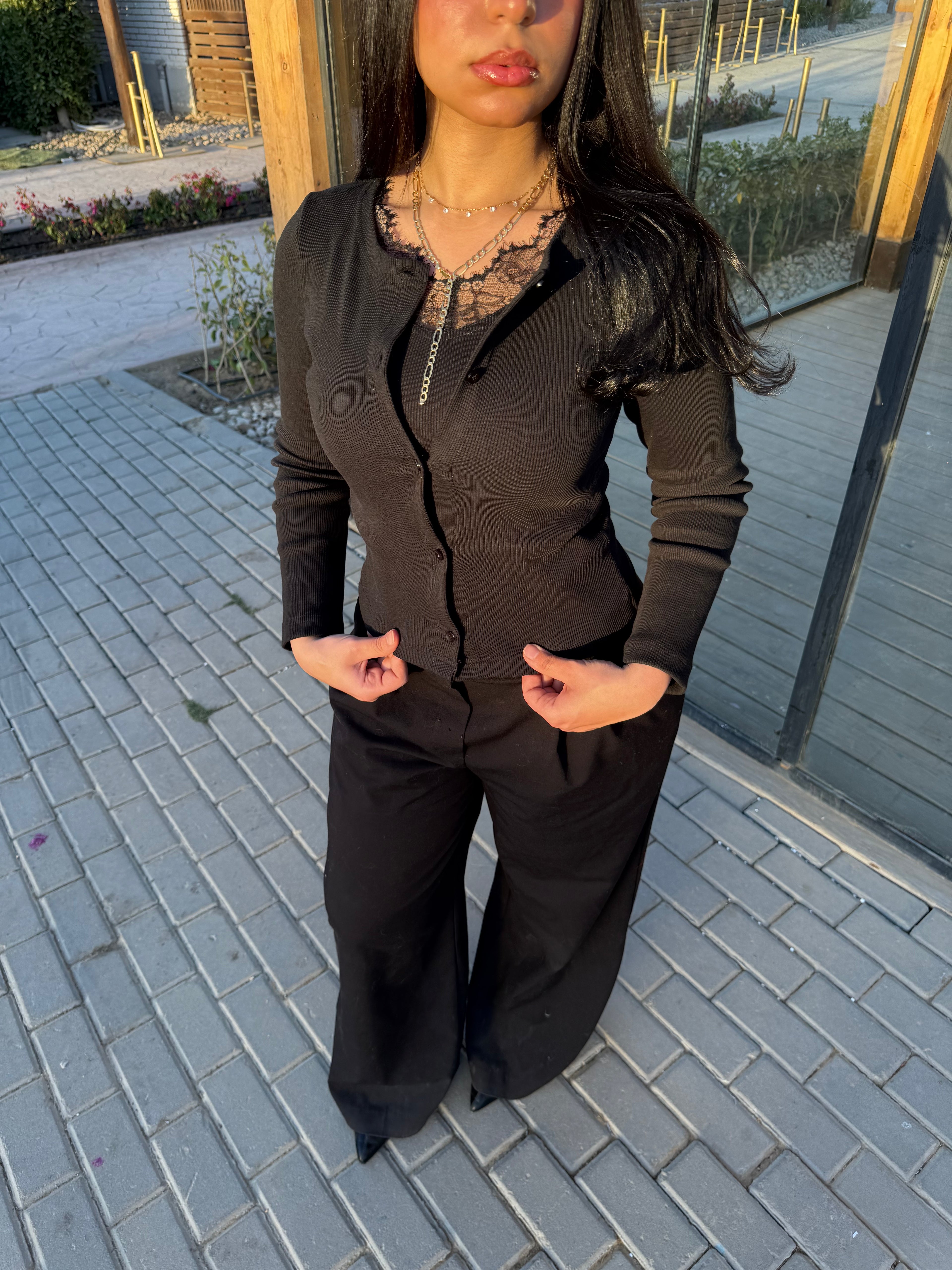 Black lace trimmed combination jacket and top