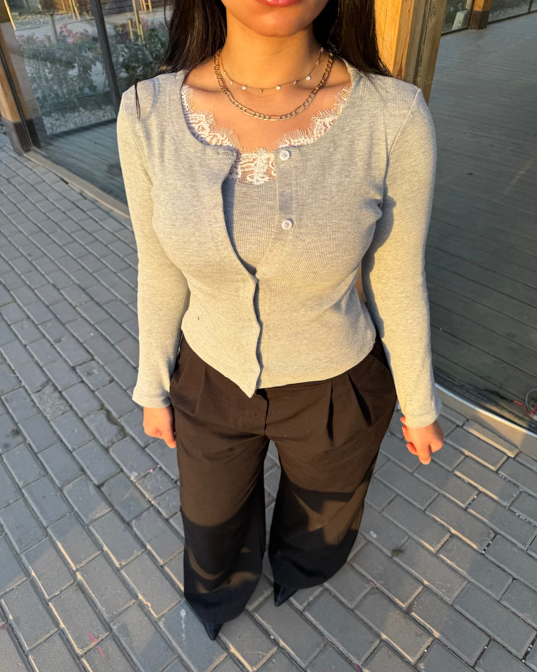 Pearl Grey Lace trimmed combination jacket and top