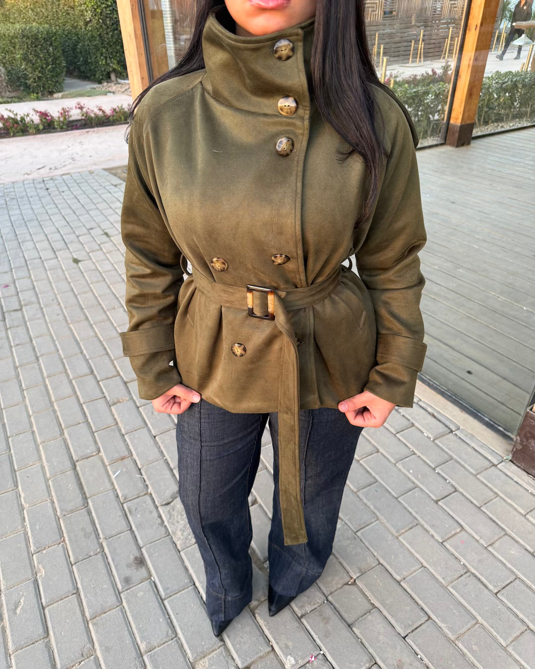 Deep olive trench jacket
