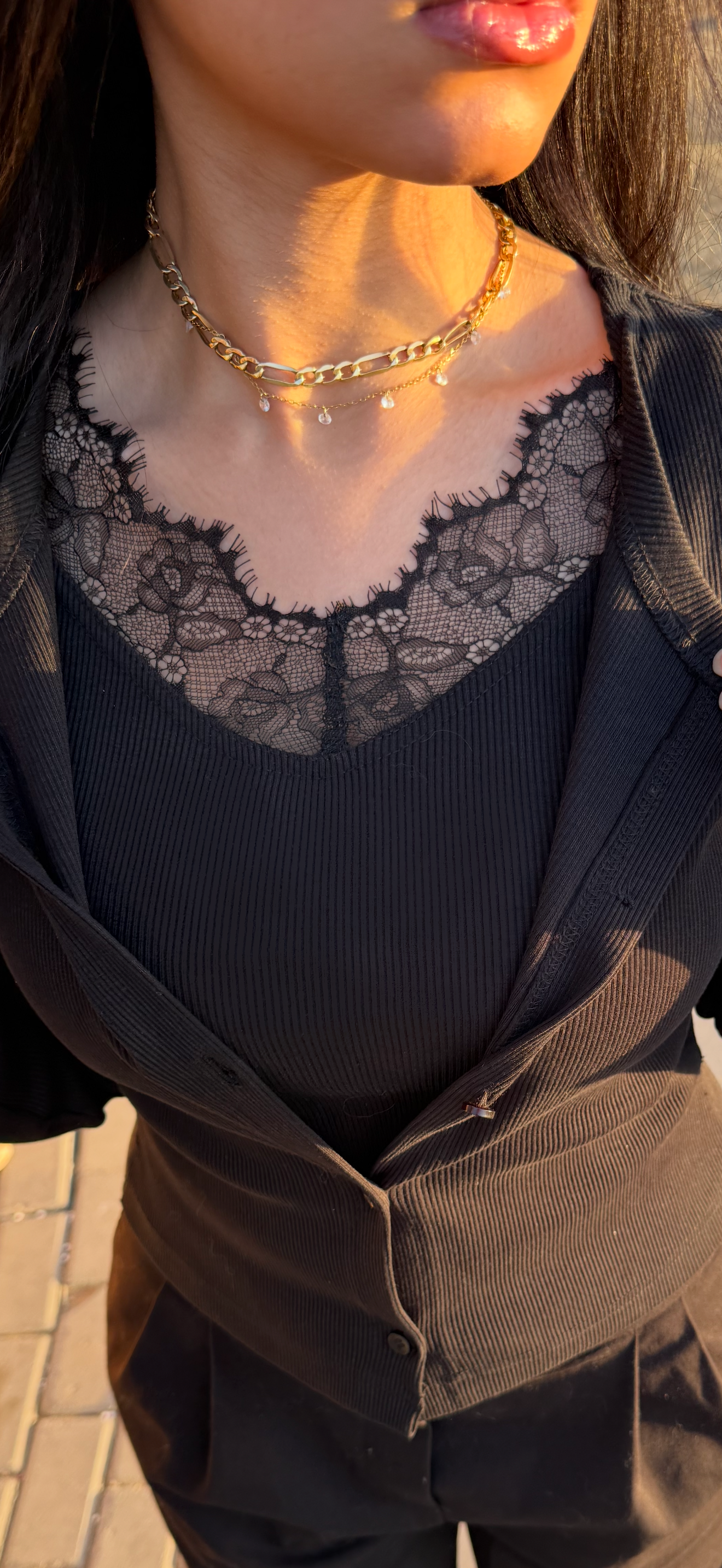 Black lace trimmed combination jacket and top